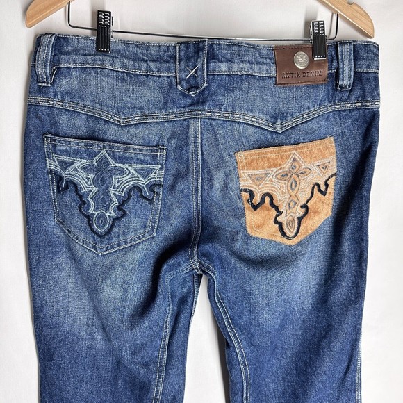 Antik Womens Denim Y2K Mid-Rise Blue Distress Patchwork  Cow Girl Jeans Size 32 - Picture 6 of 10